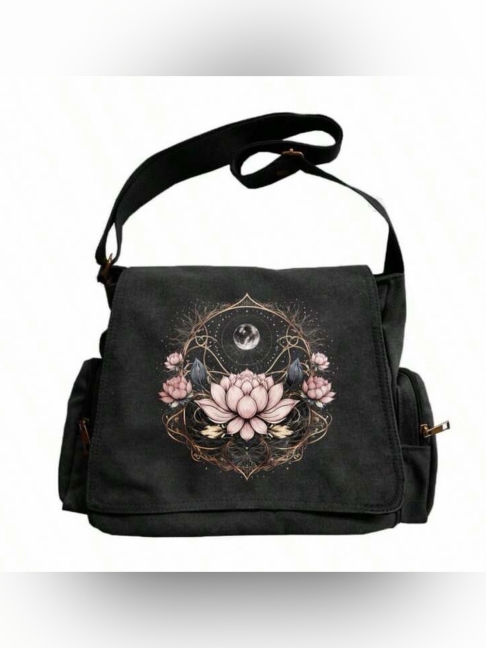Large Capacity Messenger Black Canvas Bag w/Lotus Flower Print Adjustable Strap